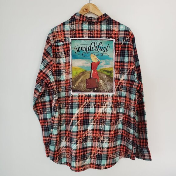 Angry Minnow Distressed Flannel XL - Cotton Red/Turquoise "Wanderlust" Graphic - Picture 1 of 11